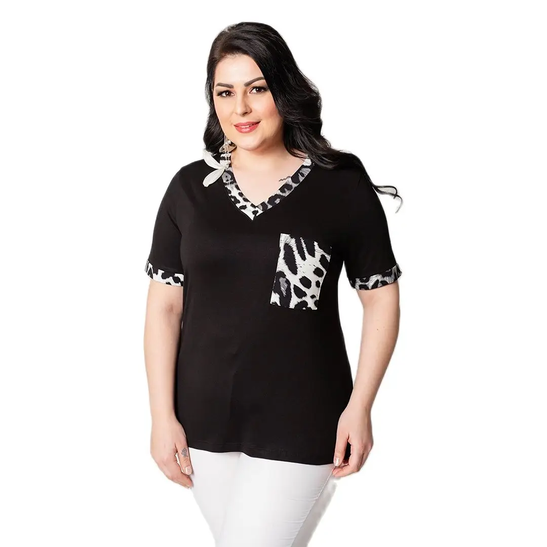 Women’s Plus Size V-Neck Leopard Print Pocket Detail Black Blouse, Designed and Made in Turkey, New Arrival