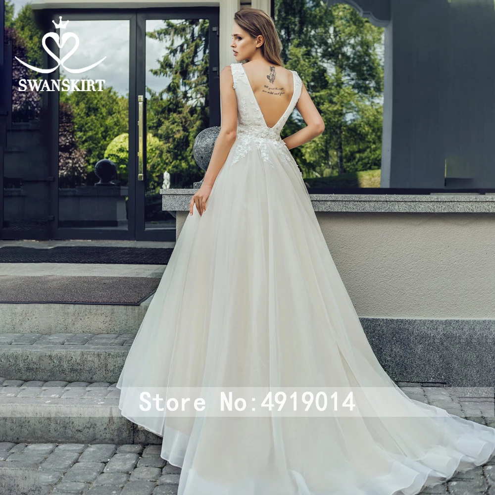 Swanskirt свадебное платье с v-образным вырезом и цветами винтажное свадебное платье трапециевидной формы с аппликацией, свадебное платье принцессы Vestido De Noiva UZ06