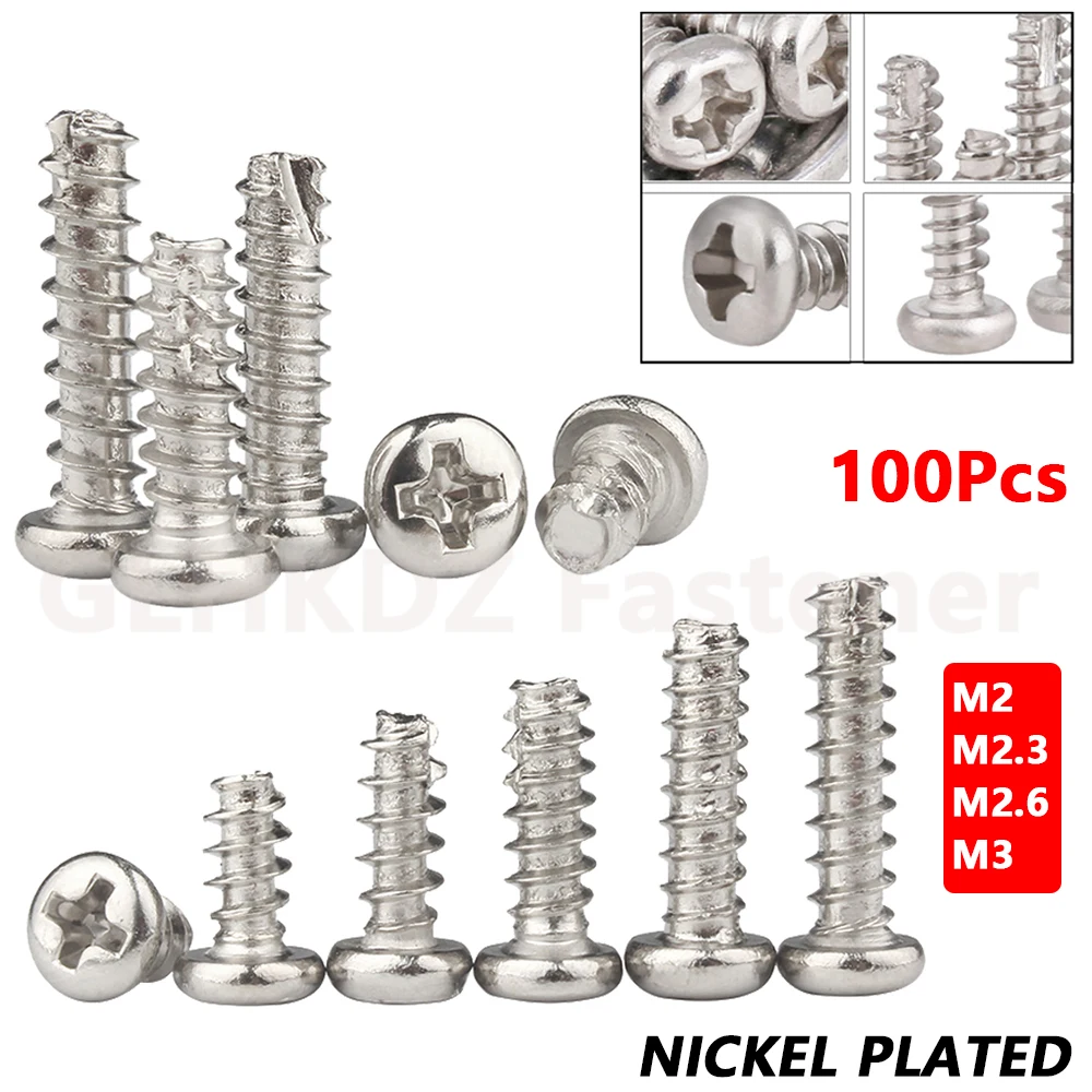 

100pcs M2 M2.3 M2.6 M3 PT Pan Round Head Self Tapping Wood Screws Cutting Tail Bolts Phillips Cross Recessed Nickel Plated Steel
