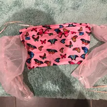 CHRONSTYLE mujeres estampado de mariposa blusas Crop Tops cuello barra larga Puff manga hombro sin espalda jerseys