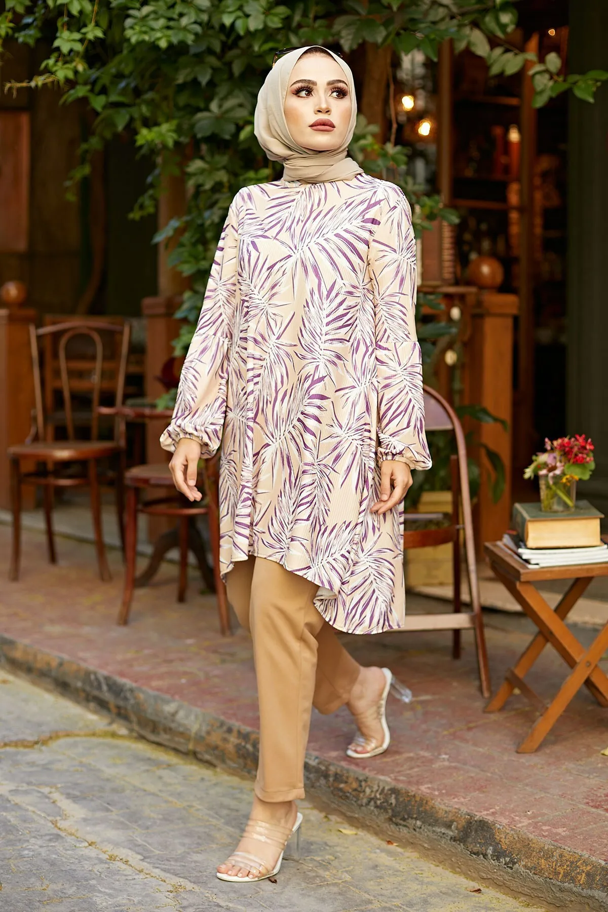 Las mujeres musulmanas el Islam traje de 2 piezas conjunto Palm estampado doble pantalones de traje y conjunto de vestido juntos alta calidad completa molde cinturón traje