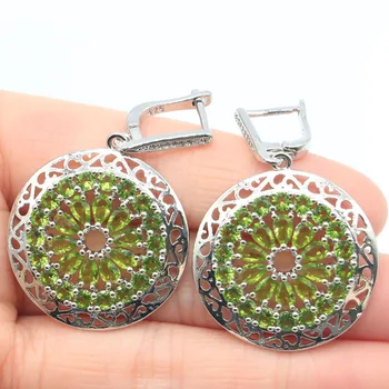 安い 46 × 29ミリメートルロマンチックなラウンド形状作成グリーンペリドットホワイトczギフト姉妹シルバーイヤリング