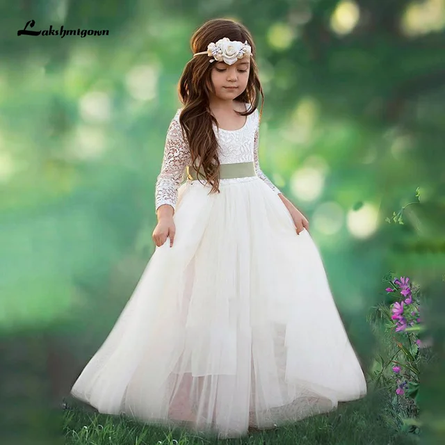 Vestidos largos de flores para niña, hermoso vestido blanco o marfil, cuello redondo, Vintage, estilo campestre, tul de encaje, vestidos flores para niña _ - AliExpress Mobile