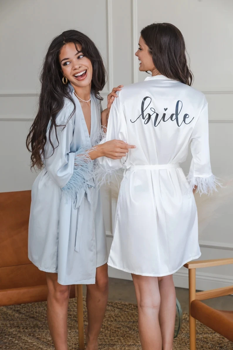 Feather Robes For Bridesmaid Set Proposal Pajamas PJs Bridal Robe