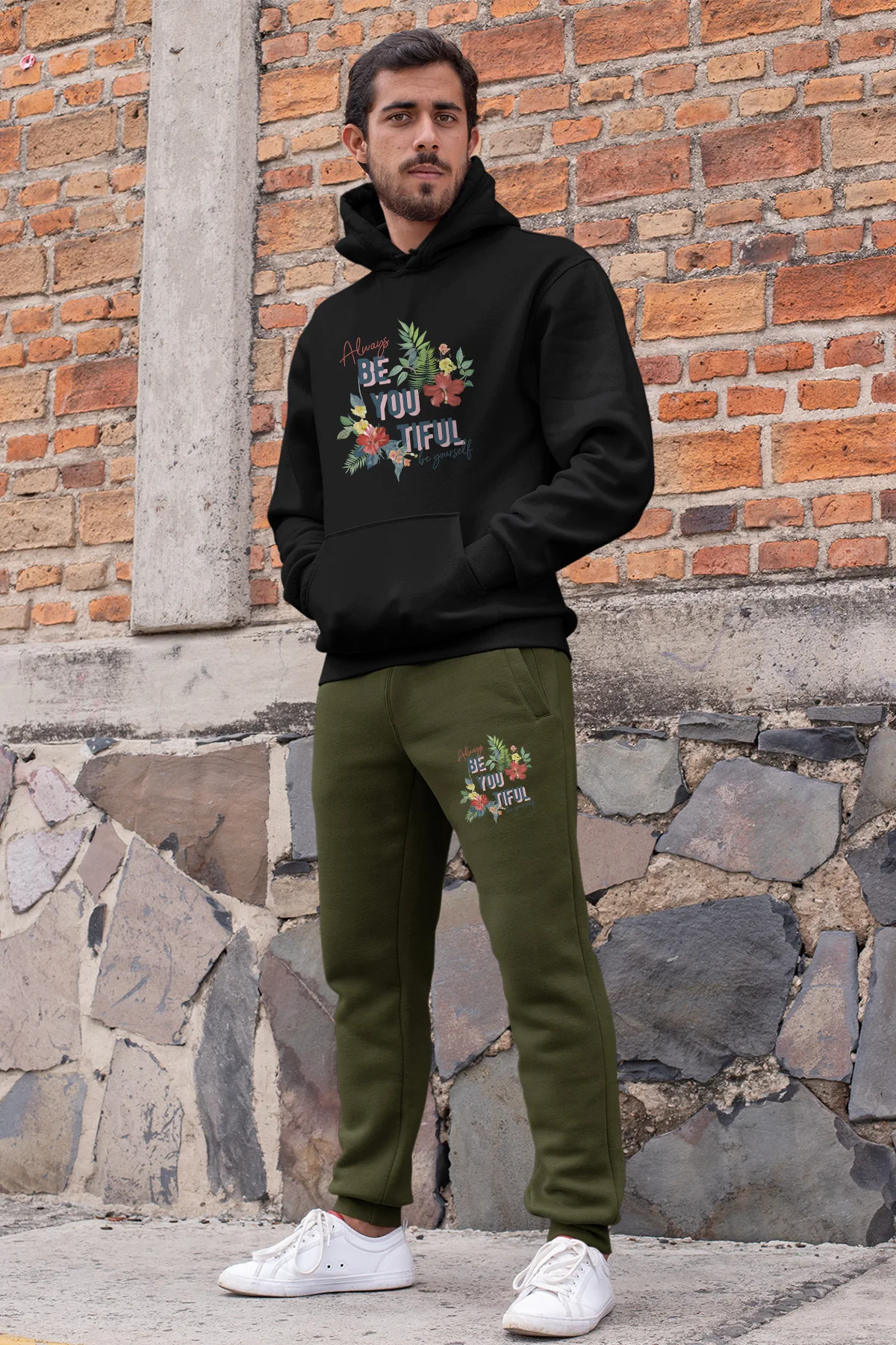 Angemiel Wear Always Güzelsin Mens Tracksuit Set Black Hooded Sweatshirt Green Sweatpants | Мужская одежда
