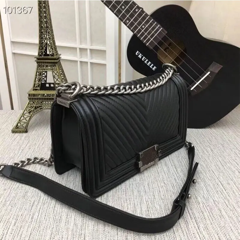 Black silver Роскошная дизайнерская женская сумка Le Boy из натуральной кожи, сумки из овчины, брендовые классические сумки через плечо, сумки на цепочке, высокое качество - Цвет: Black silver
