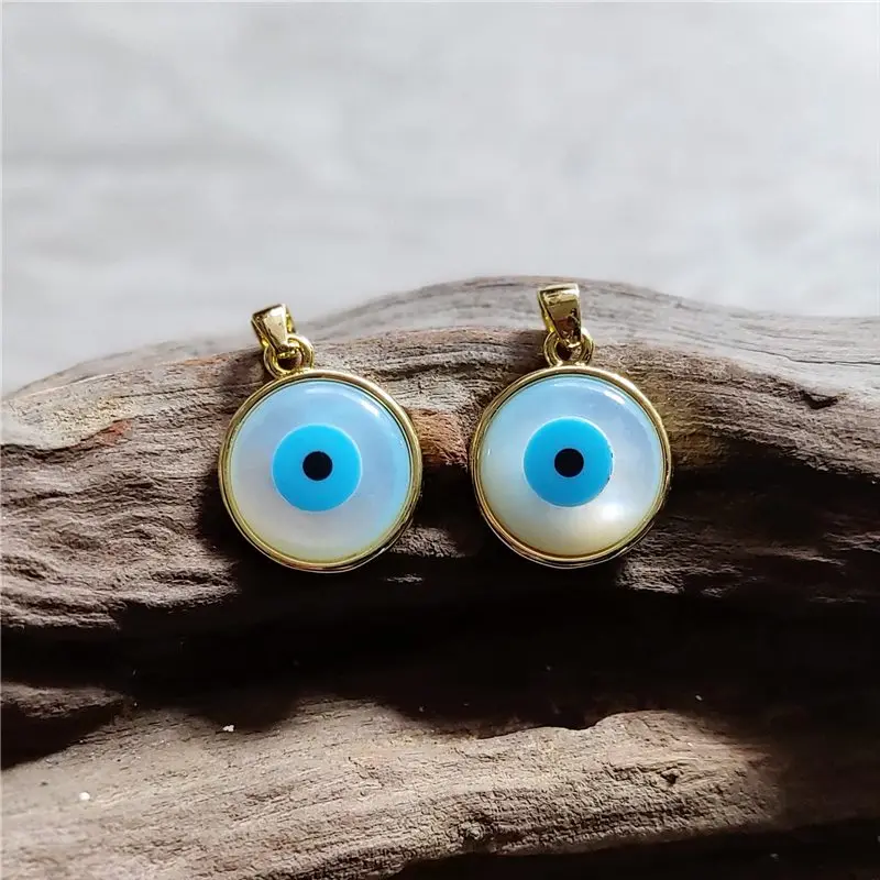 FUWO 15mm Roud White Shell Pendant,18K Gold Plated Blue Evil Eye Gift Necklace Accessories For Jewelry Making PD613 5Pcs/Lot