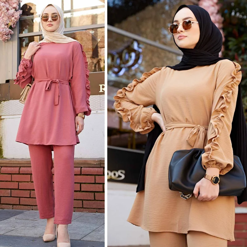 Two Piece Sets Tops and Pants Women Turkey Muslim Abaya Abaya Dresses Ramadan Kaftan Islamic Dress Set Ensembles Musulman Suits