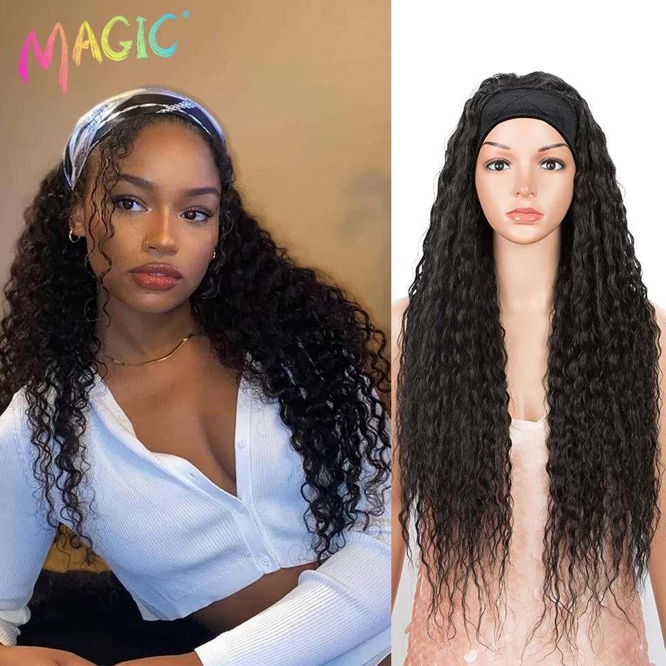 Magic Headband Wig Synthetic Long Curly Wigs Natural Looking Headband Scarf Wig Water Wave For Black Women No Glue No Sew In