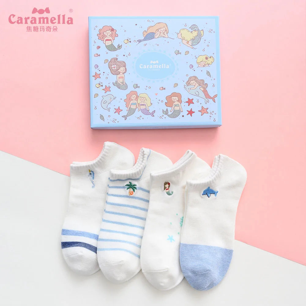 515954B Caramella 4 пар/лот Для женщин уютные носки до лодыжки с модные забавные носки для девочек с принтом мультяшных животных для девочек короткие носки женские превосходный набор в подарочной коробке - Цвет: 515954B