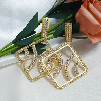 

Shining Luxury Cube Hollow Drops Dangle Earrings Trendy Full Crystal Wedding Engagement Party gold earrings for women 2020