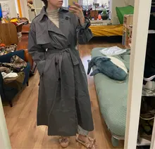 Gabardina larga X holgada de estilo coreano para mujer, abrigo de doble botonadura con cinturón, manto de dama, rompevientos, prendas de vestir de primavera y otoño, color gris