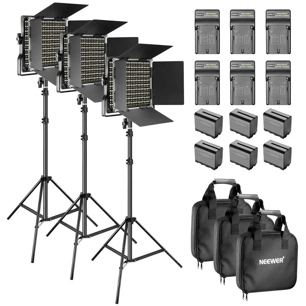 

Neewer 3-Pack Dimmable Bi-Color 660 LED Video Light with Barndoor and Light Stand,6-Pack Li-Ion Battery and Charger Lighting Kit