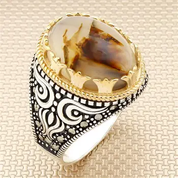 

925 Sterling Silver Ring With Stone For Men Yemen Agate Gemstone Gift For Him Men's Rings Handmade - Turkish Jewelry