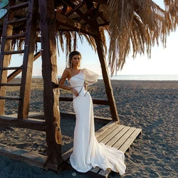 Simpel One-Shoulder Mermaid Wedding Dresses Backelss Long Sleeve Glittery Sweep Train Bridal Gown robe de mariée vestidos