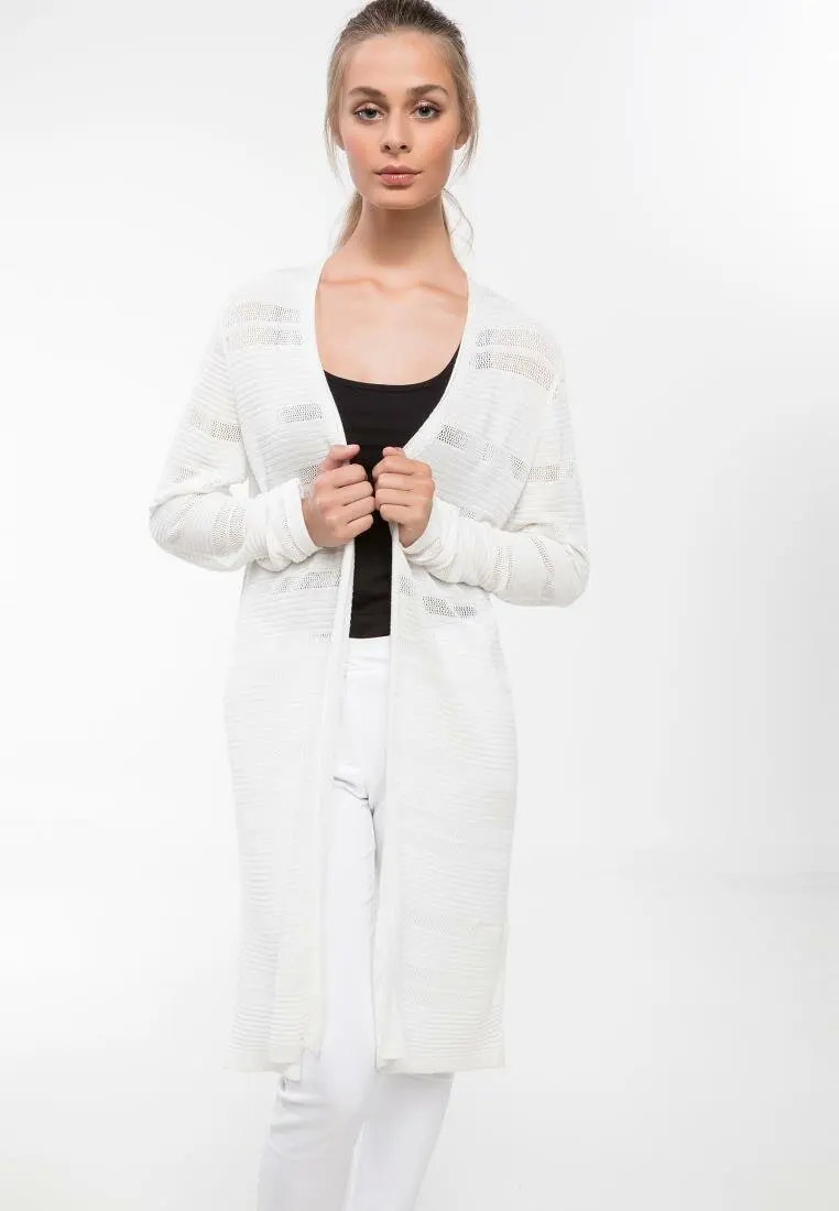 

DeFacto Women Autumn Navy Blue Knitted Tricot Cardigan Long Sleeve Hollow Design Long Top Coats J6510AZ18SPNV167-J6510AZ18SP