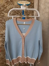 Cárdigan de punto para mujer, suéter de manga larga con cuello de pico de Color contrastante, cárdigan de moda, prendas de vestir