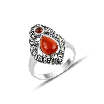 

Silver 925 Sterling Red Agate & Marcasite Ring