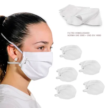 

White PACK 5 reusable washable fabric masks 2 layers + pocket with 5 approved filters. Double elastic fit.