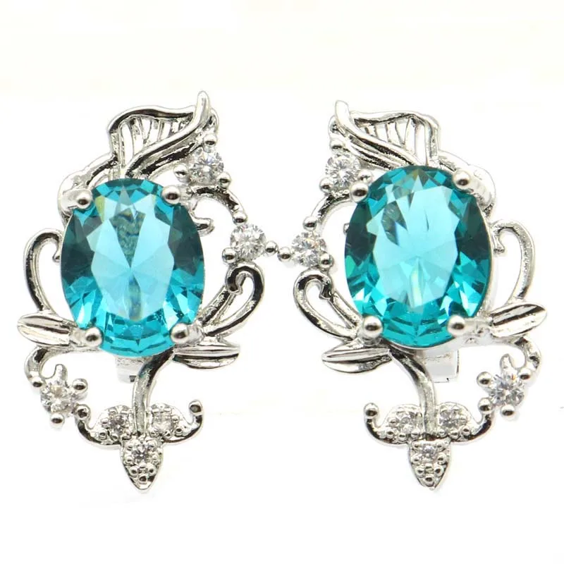 

20x15mm Romantic Created Flowers Shape Rich Blue Aquamarine White CZ Silver Stud Earrings