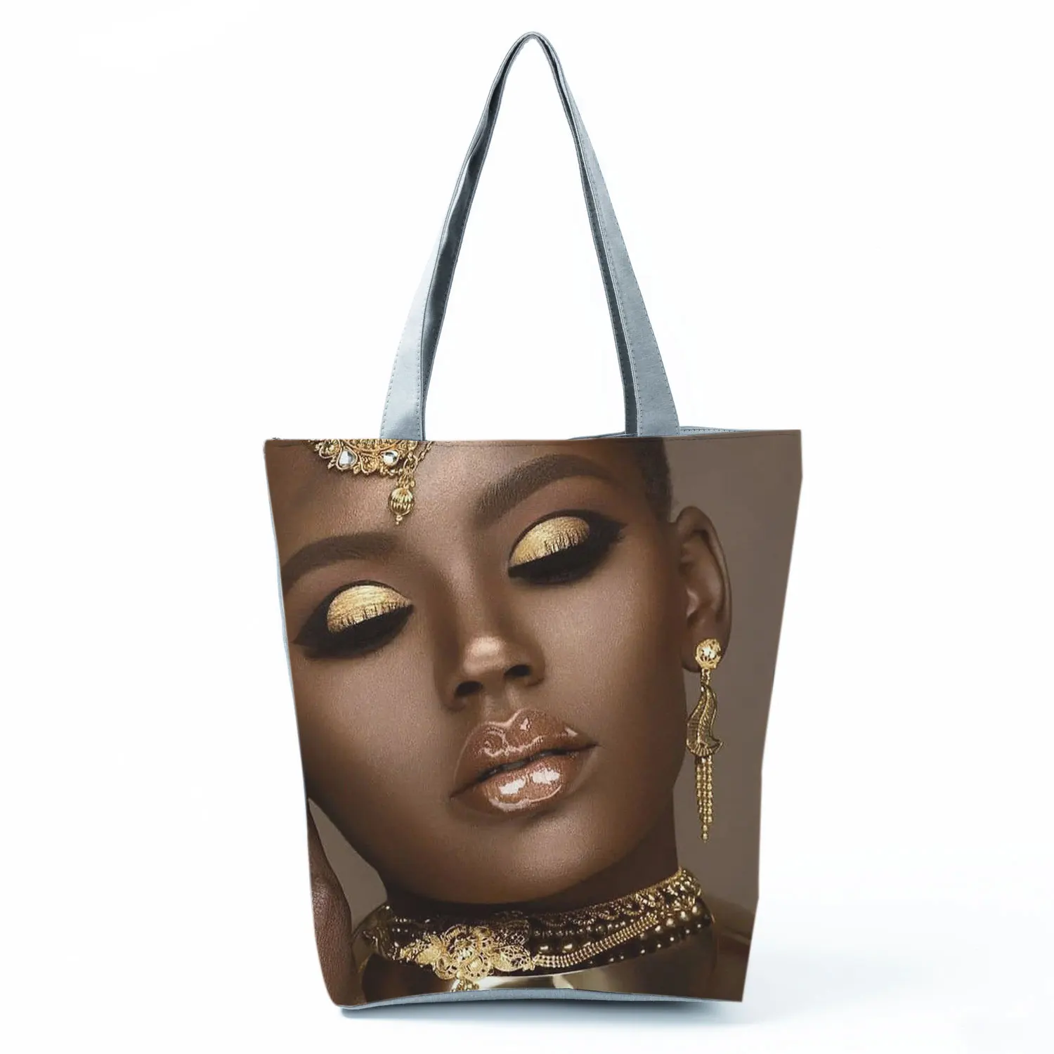 

Golden Afro Woman Printed Handbags Pretty Fashion Shoulder Bag Eco Portable Shopping Bag High Capacity Beach Bag Practical Tote