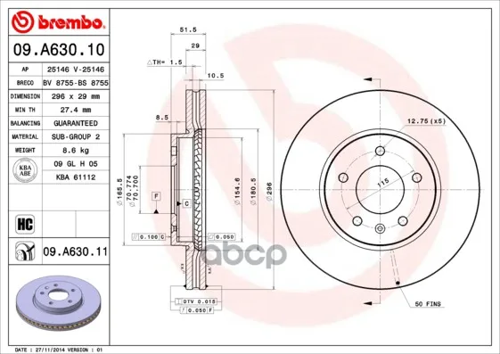 Диск Тормозной Передн Chevrolet: Captiva 06-, Opel: Antara 06-, Vauxhall: Antara 06- Brembo арт. 09.A630.10