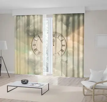 

Curtain Vintage Clock with Roman Numbers on Sky Beautiful Clouds as Background Midnight New Year Celebration Art Beige Gray