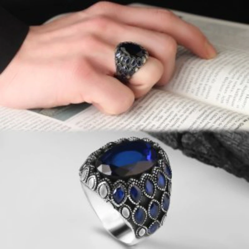 

Men's Parlament Blue Zircon Stone 925 Sterling Silver Ring Special Design 2022 Summer Winter Fashion Trend Accessories Products Free Shipping