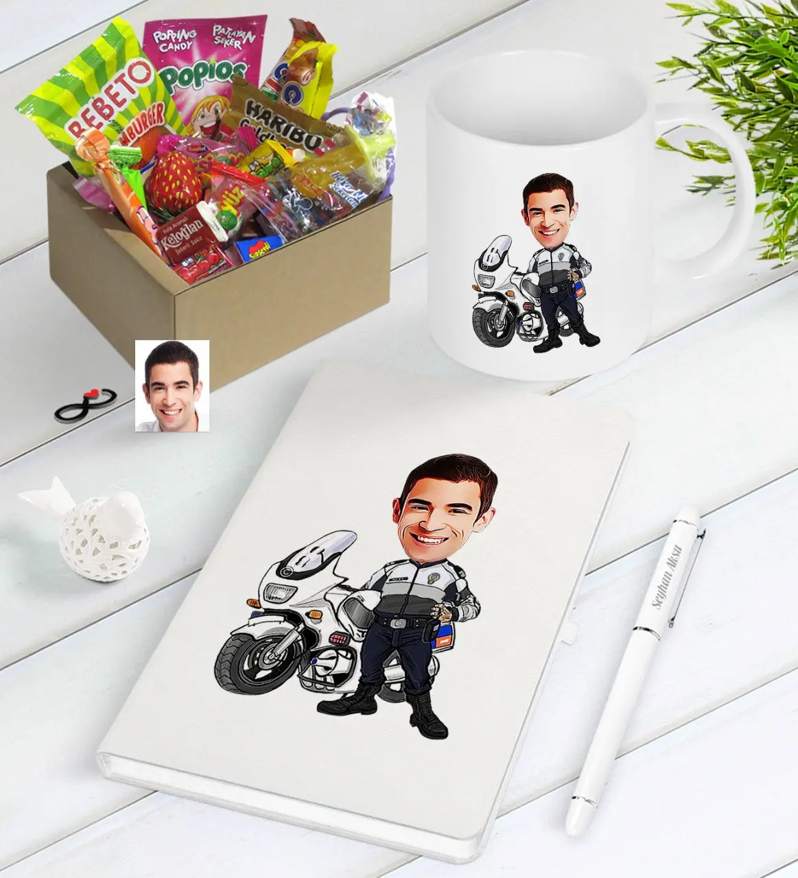 Personalized Mr Dolphin Polis Caricature Of Nostalgic Lezzetler Notebook Pen Mug Gift set | Дом и сад