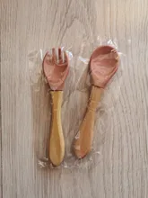 Bopoobo-tenedor de bambú para bebé, cuchara de alimentación de bebé de madera de silicona, accesorios de alimentación para niños pequeños, grado alimenticio orgánico sin BPA, 2 uds.