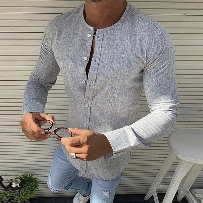 Новые осенние Для Мужчин's Повседневное льняная рубашка тонкий свитер с круглым вырезом и длинным рукавом быстросохнущая социальный джентльмен Формальные Фитнес Блузка высокого Количество - Цвет: Light Gray