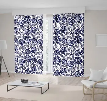 

Curtain Roses Flowers Branches Leaves Nature Themed Navy Blue and White Classic Floral Fabric Style