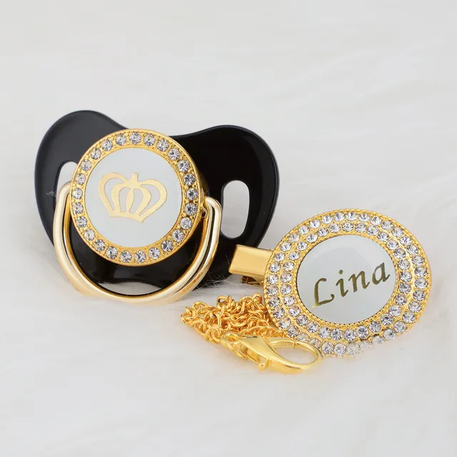 MIYOCAR custom name pacifier clip bling white crown pacifier and pacifier clip set luxurious unique gift PCW black 0-6m