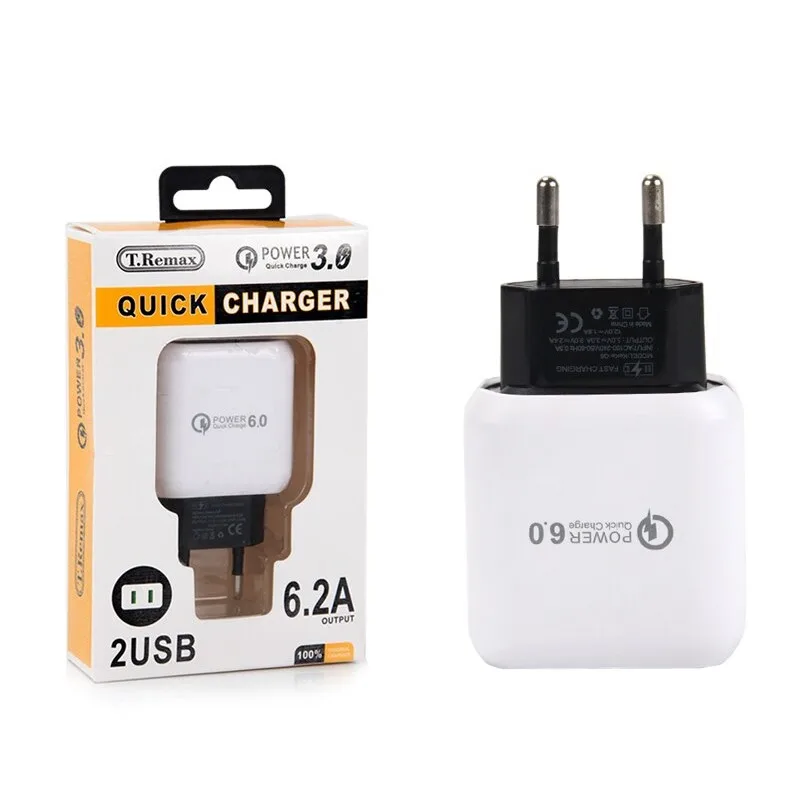 T.REMAX Cargador Quick Charge 6.2A Móvil 3.0, Cargador Pared Dual Puertos Cargador para Phone, Xiaomi, Huawei|Cargadores| -