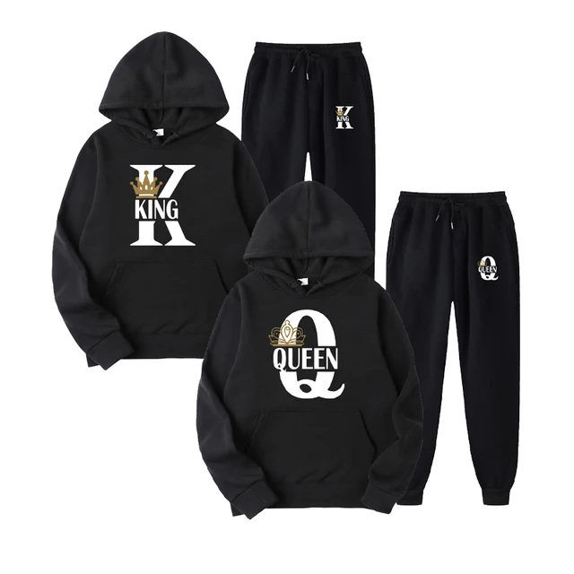 2022 Fashion Couple Sportwear Set KING or QUEEN Printed Lover Hooded Suits Hoodie and Pants 2pcs Set Streetwear Men Women Cloths Black King 2