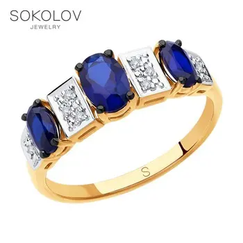 

SOKOLOV ring gold with diamonds and blue corundum (synthetic), fashion jewelry, 585, women's male