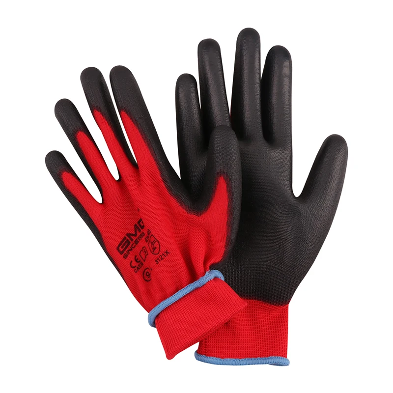 Горячая GMG CE сертифицированные EN388 красный полиэстер черный PU рабочие защитные перчатки механические рабочие перчатки