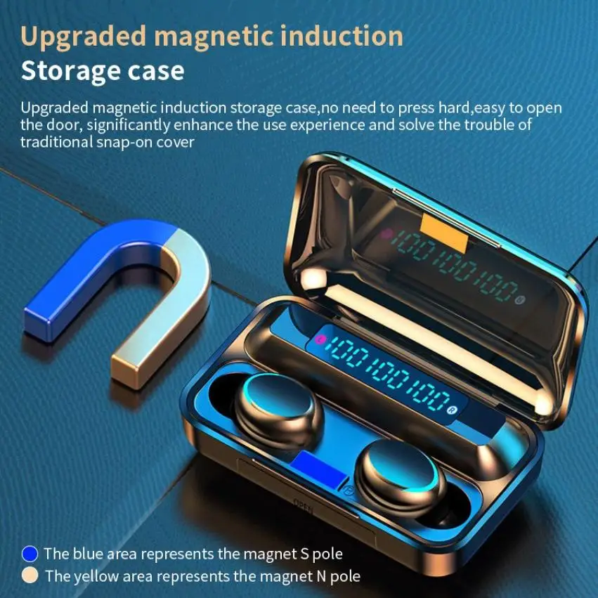 F9 TWS Bluetooth Earphone Waterproof Wireless Headphone Stereo Digital Display Touch Control Sport Headsets Earbuds with Mic