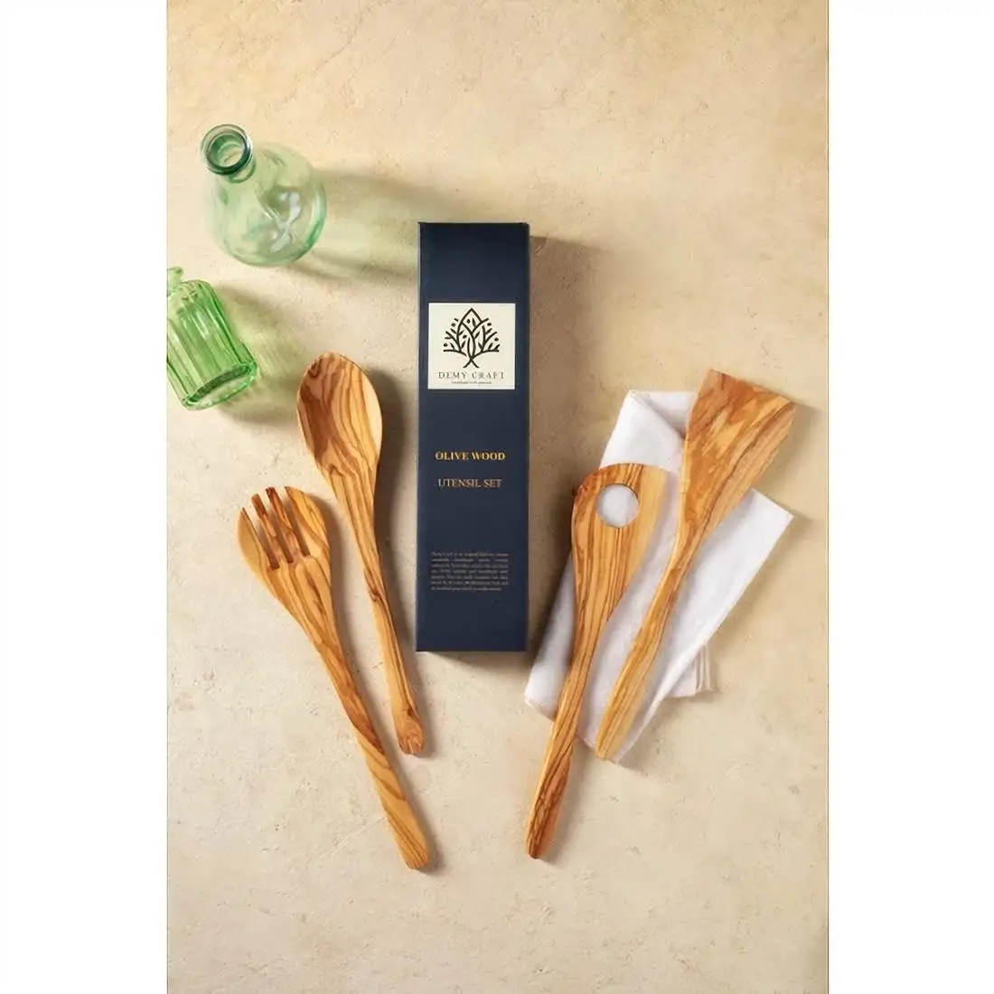 

Olive Tree Salad Service Set 4 Piece 30 Cm. Wooden Spoon Fork Spatula Hollow Handmade Utensil Flatware Kitchen Serving Server Accessories Vintage Tableware Cristmas Cutlery