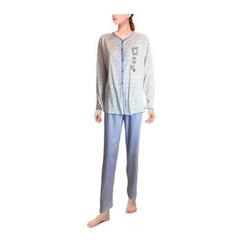 

Mini Kitten-women's pajamas cotton long-sleeved button-down shirt with print and striped pantalon fine