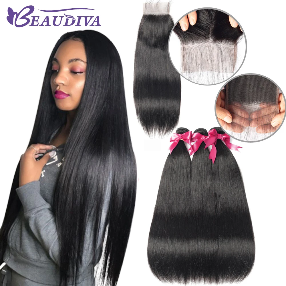 BEAUDIVA перуанские прямые пучки волос с 4*4 кружевной застежкой пряди человеческие