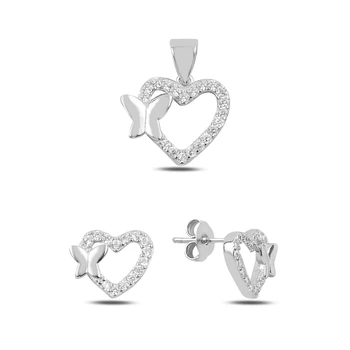 

Silver 925 Sterling Zircon Cubic Zirconia Heart and Butterfly Earrings & Pendant Set