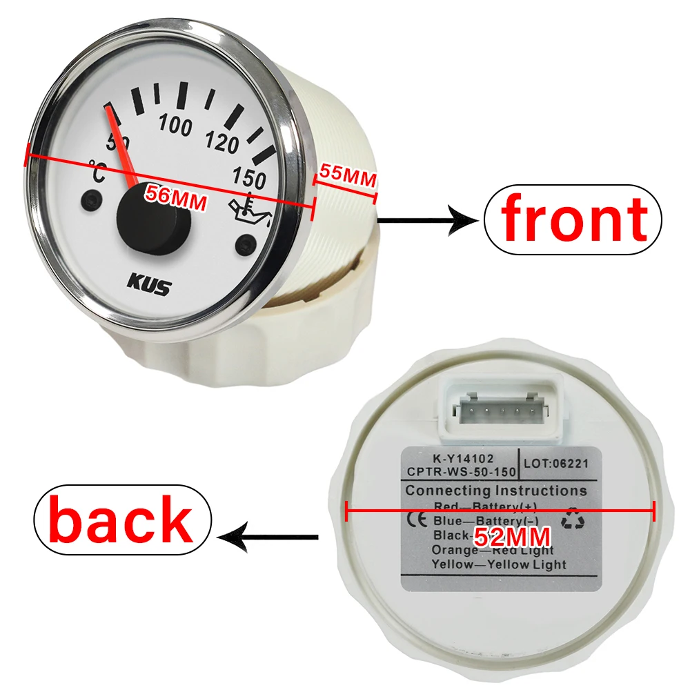 KUS 52mm 오일 온도 게이지 미터 50-150 ℃ 방수 표시등, 자동차, 보트, 선박용, 빨간색과 노란색으로 제공 가능