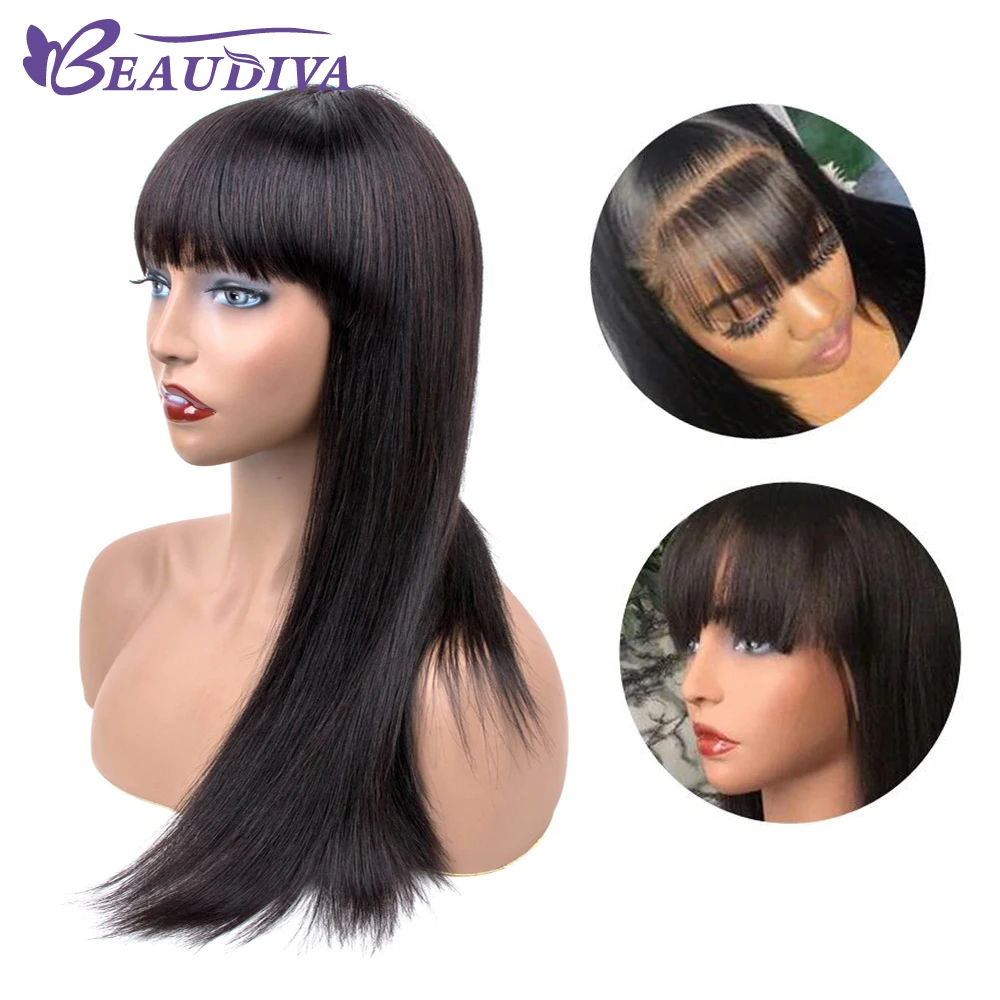 Beaudiva Short Human Hair Wigs with Bang Brazilian Straight Hair Wigs For Black Women Remy Short Bob Human Hair Wigs 10-18Inch