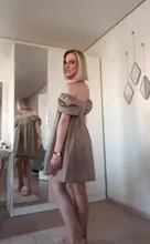 Ladies Dress Puff-Sleeve Square Collar Linen Khaki Vintage High-Waist Casual Summer Women