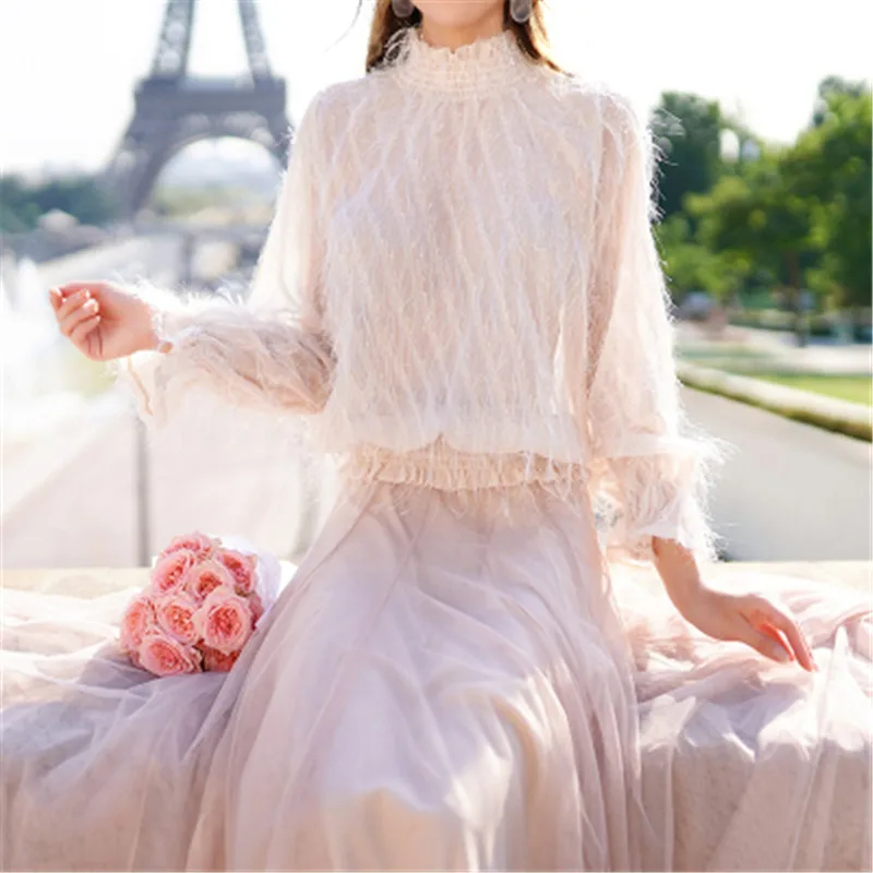 2020 autumn new feather tassel mesh splicing
