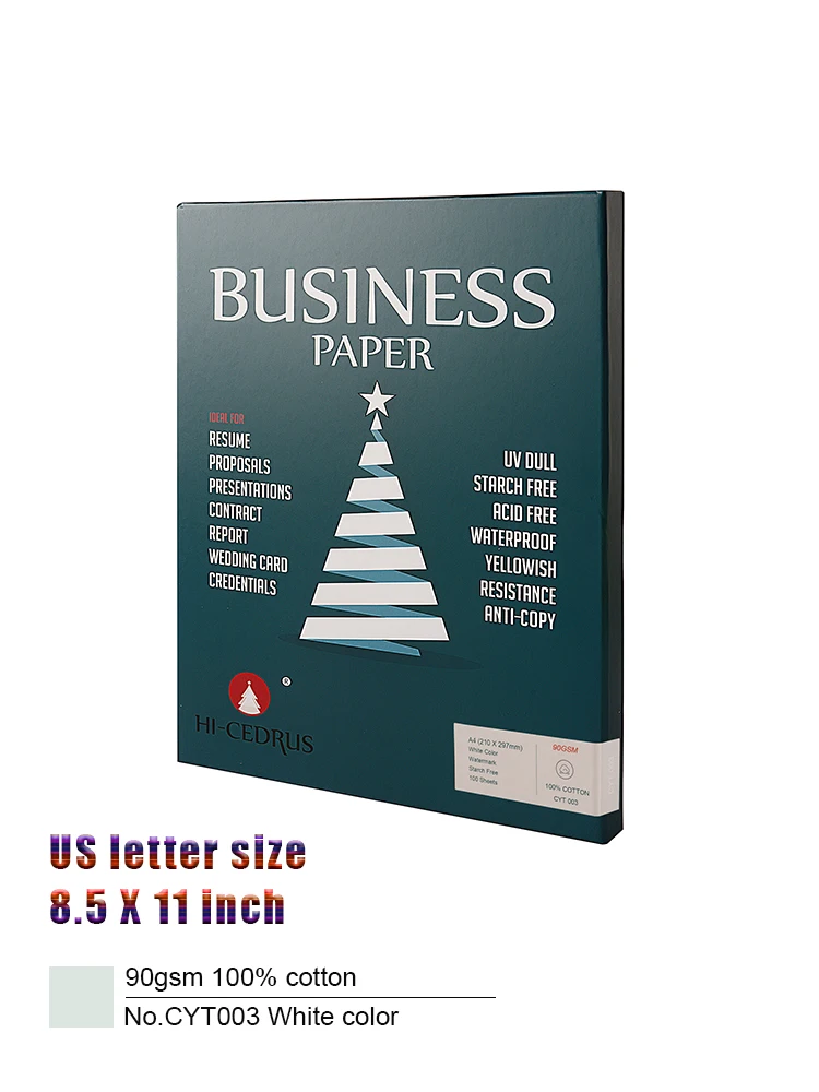 

90 г/м2, 100% хлопчатобумажная надпись, размер 216*279 мм, белый цвет с водяным знаком, без крахмала, Водонепроницаемость 100 листов MCYT003