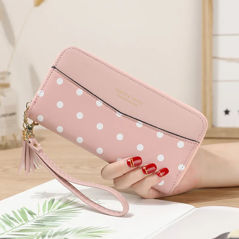 Pink Новинка, Женский кошелек, Женский Длинный кошелек на молнии, студенческий кошелек в горошек, Большой Вместительный клатч, мягкий кошелек - Цвет: Pink