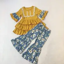 CONICE/детская одежда, топ горчичного цвета, синие Хлопковые Штаны с рисунком, наряд для девочек, предзаказ