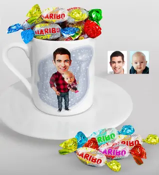

Personalized Father-Son Caricature Of Turkish Coffee cup And Haribo Candy Gift Seti-3